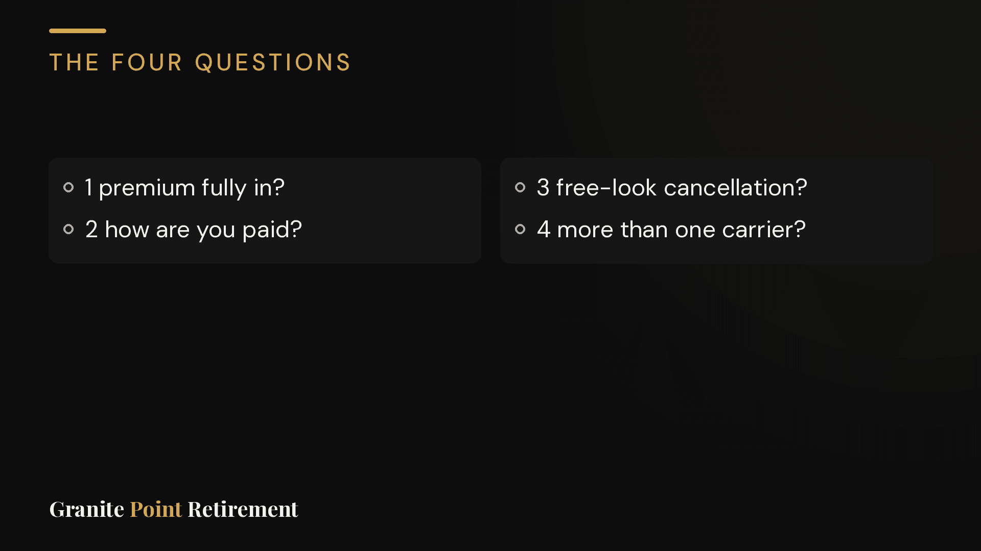 Four questions to ask any agent: premium fully in, how are you paid, free-look cancellation, more than one carrier